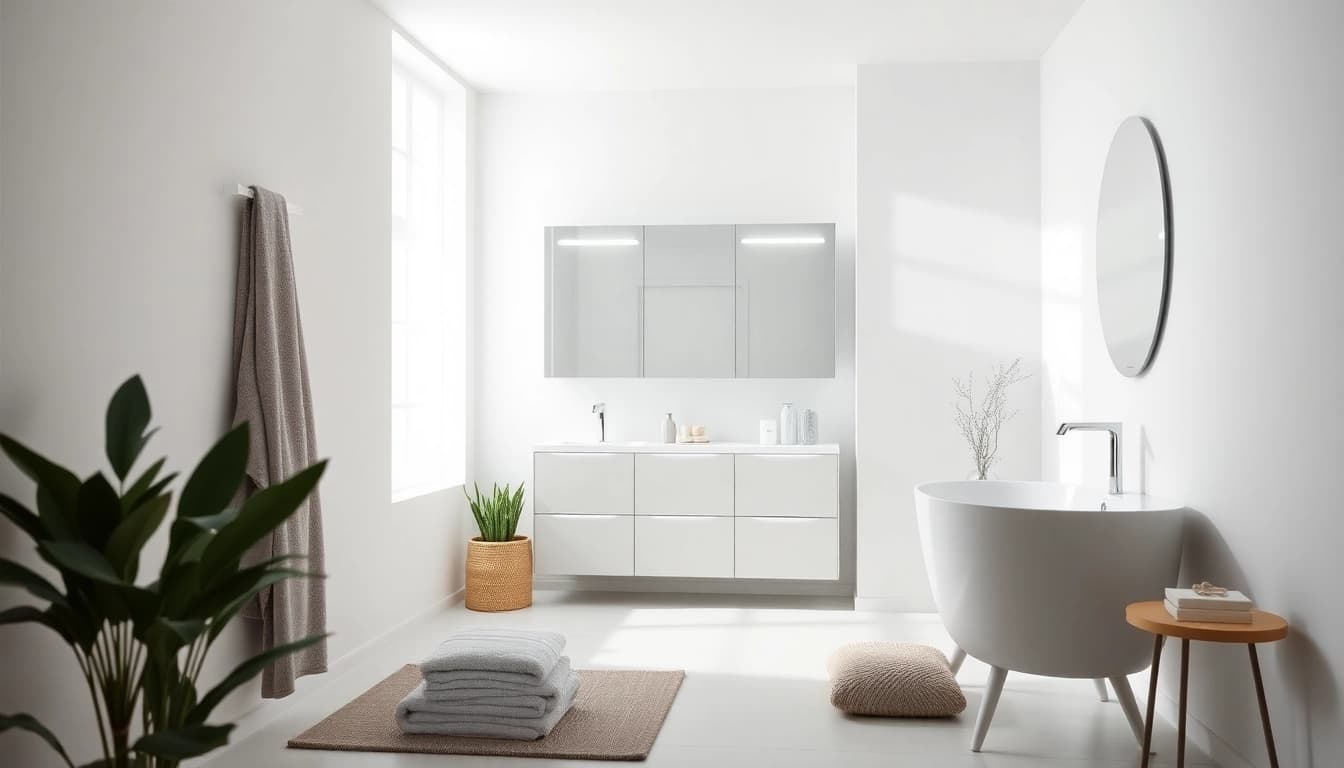 Schöner sonni Spiegelschrank mit integrierter Beleuchtung im modernen Badezimmer.