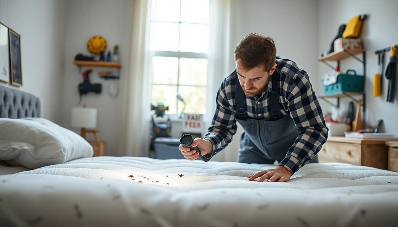 milwaukee bed bug exterminators inspect a mattress for pests with professional tools.