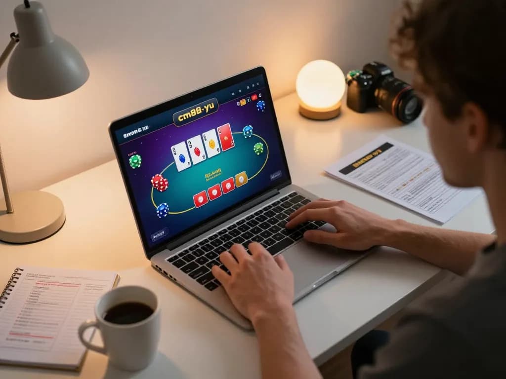 Player engaged in online poker on cm88-yu, showcasing strategy notes and vibrant interface.