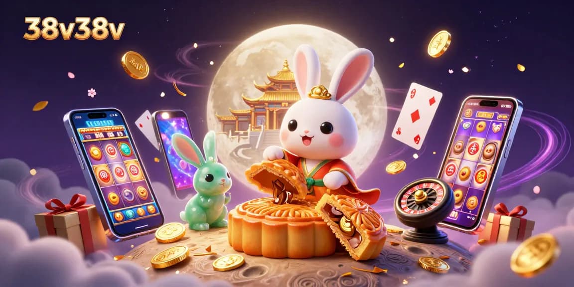 Ilustração animada de cassino 38v38v, coelho da lua e elementos de jogos de azar.