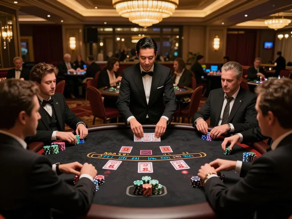 Players engaging in a strategic game at Website Bet88 blackjack table with vibrant chips.