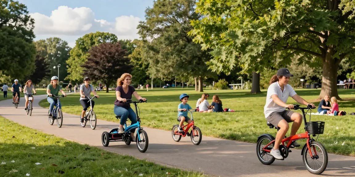 People riding tricycles together in a sunny park, enjoying outdoor fun.