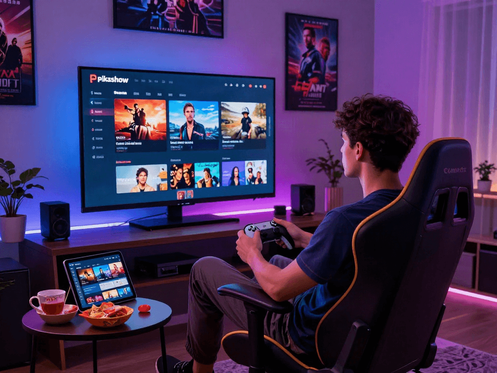 Enjoying Pikashow streaming setup with large screen and gaming chair