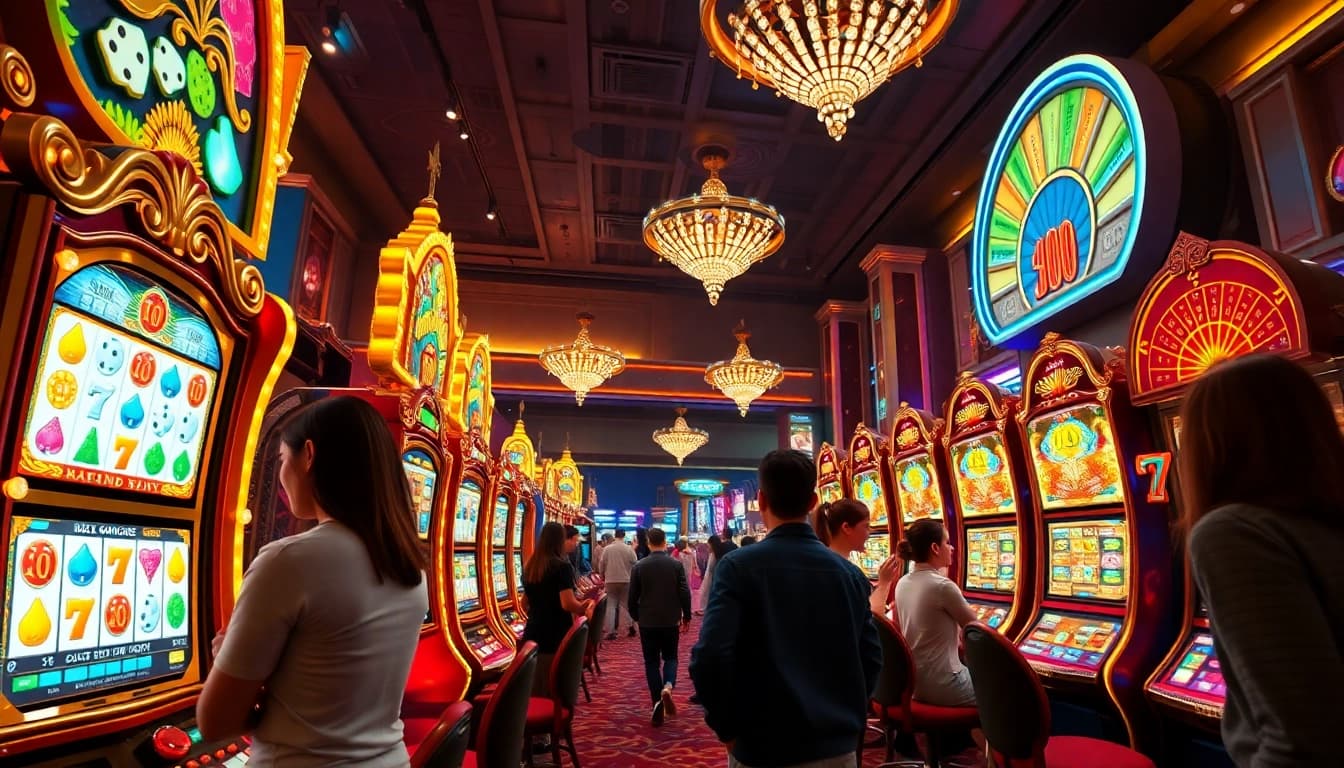 Players enjoying PGSlot games at luxurious casino slot machines amidst bright lights and excitement.