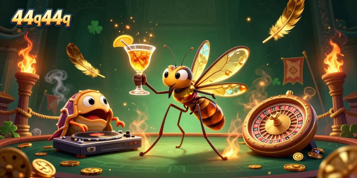 Enjoy the lively casino scene with 44q44q's unique frozen-amber mascot and exciting elements.