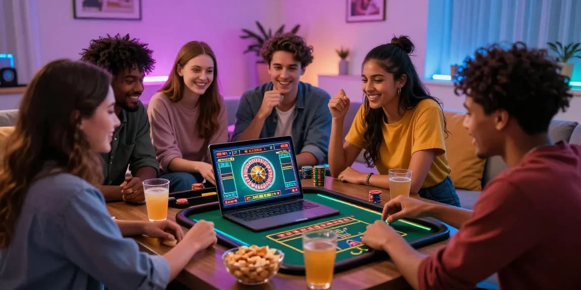 Scène engageante d'amis profitant de l'expérience de jeu de casino en ligne autour d'un ordinateur portable dans une atmosphère vibrante.