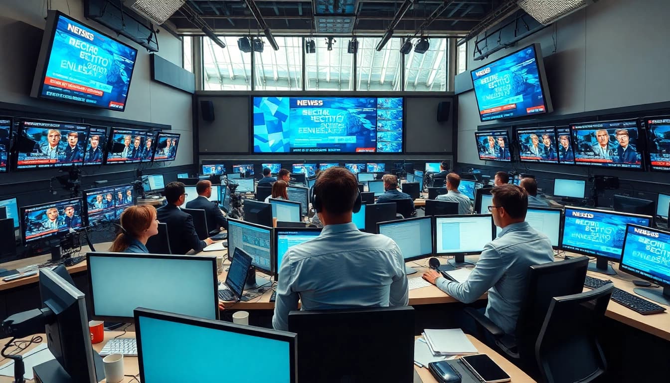 Reporters in action, delivering breaking news in a dynamic newsroom setting.