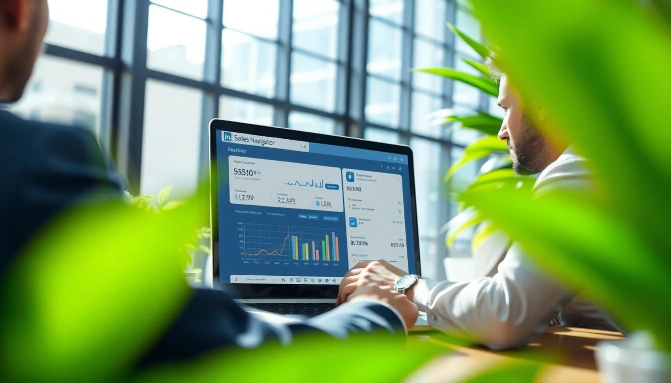 Engaging with linkedin sales navigator data extraction on a laptop in a professional office setting.