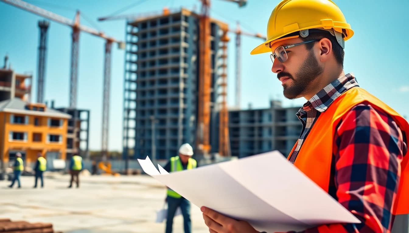 Construction career exploration: A construction worker analyzing blueprints at a job site.
