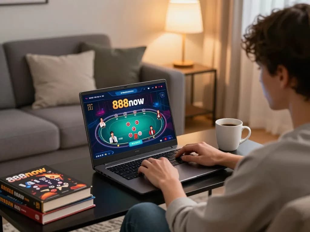 Person playing poker on 888now laptop, showcasing engaging gameplay from a cozy home setup.