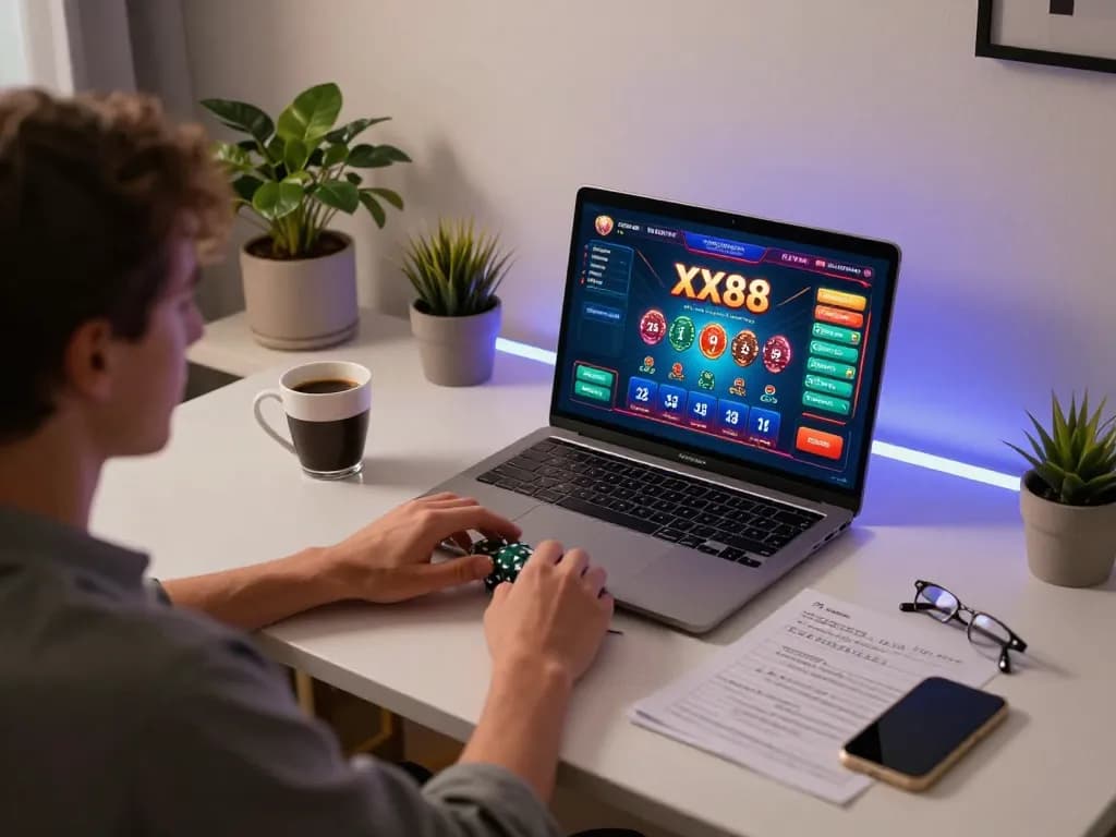 Engaging online XX88 poker game being played on a laptop with strategy notes nearby.