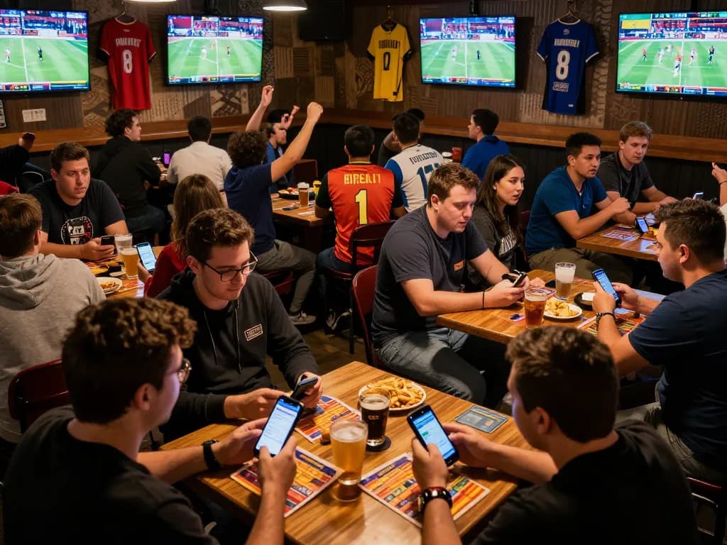 Fans intensely engaging in parlay bola betting at a packed sports bar while watching live games.