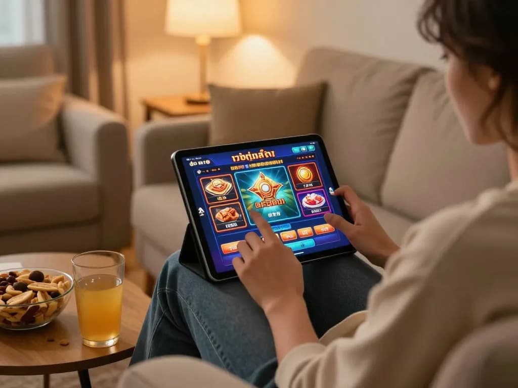 Engaging online slot gameplay on a tablet from เว็บสล็อต at home, casual atmosphere with snacks.
