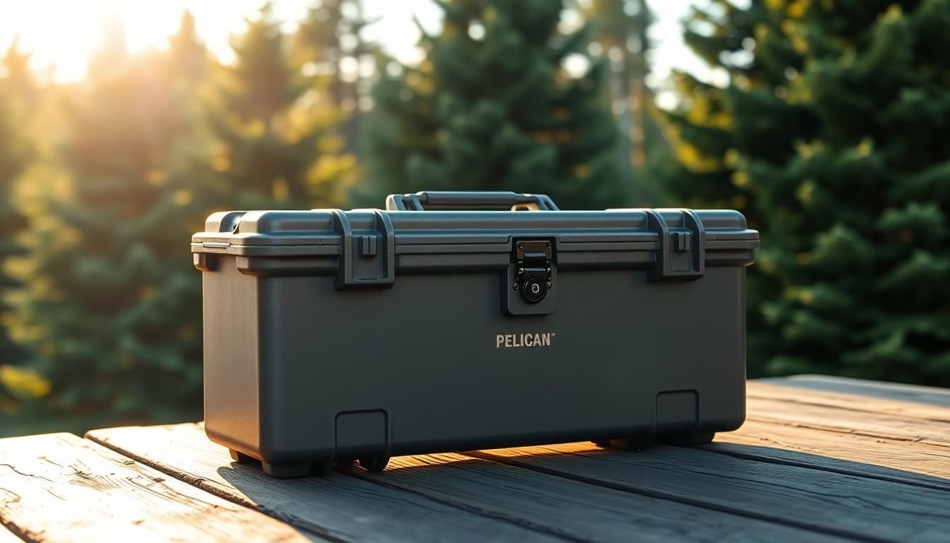 Showcasing a pelican rifle case with rugged details in an outdoor setting, enhancing its durability.