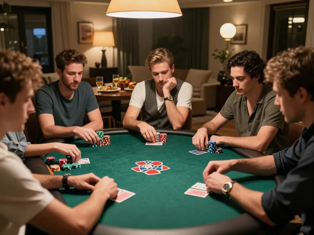 Fabet poker night scene showcasing players strategizing their bets during a friendly competition