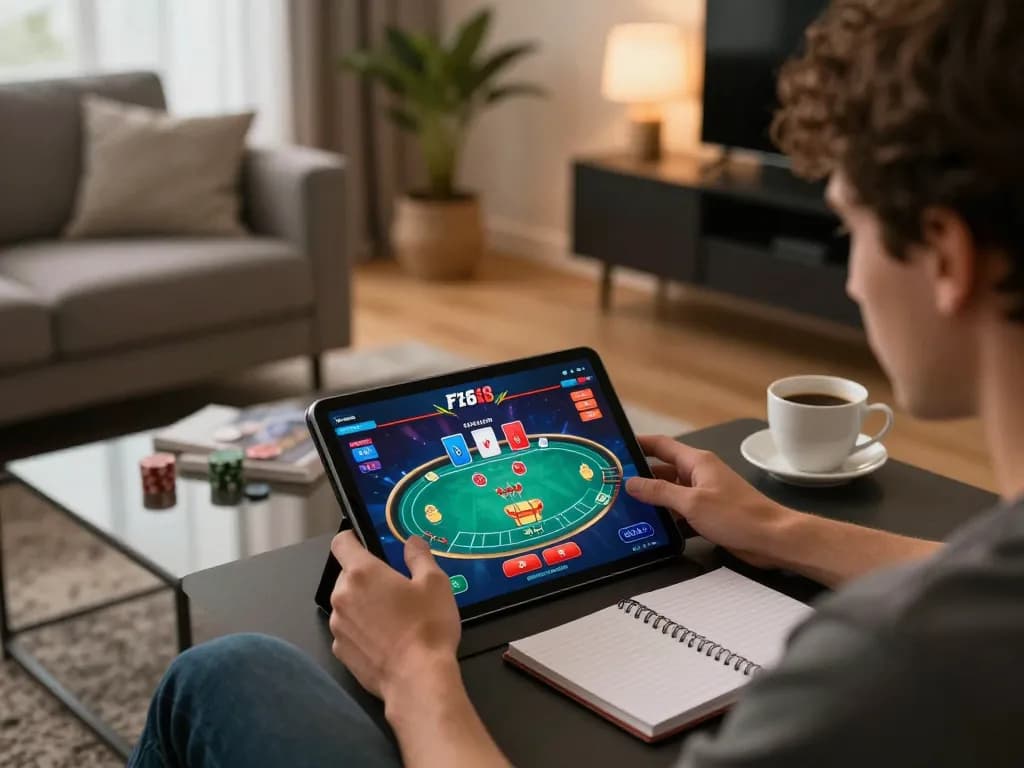 Player enjoying F168 online casino gaming on a tablet at home, showcasing strategic poker gameplay