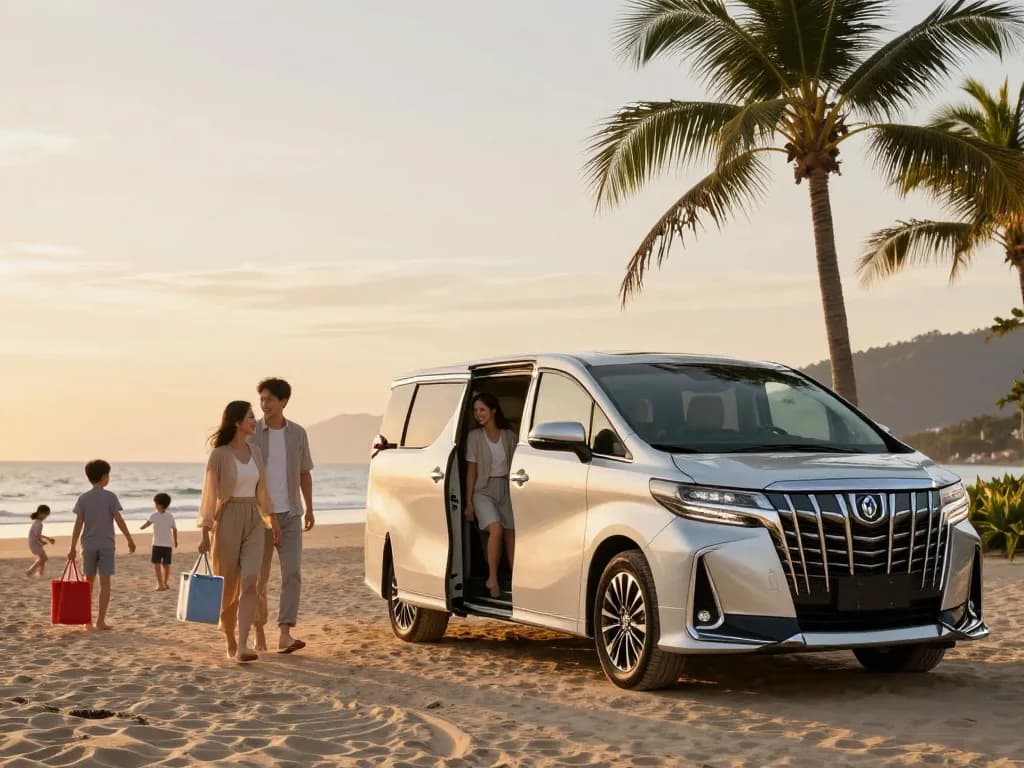 Trải nghiệm du lịch sang trọng với Toyota Alphard tại bãi biển, hoàn hảo cho những cuộc phiêu lưu gia đình.