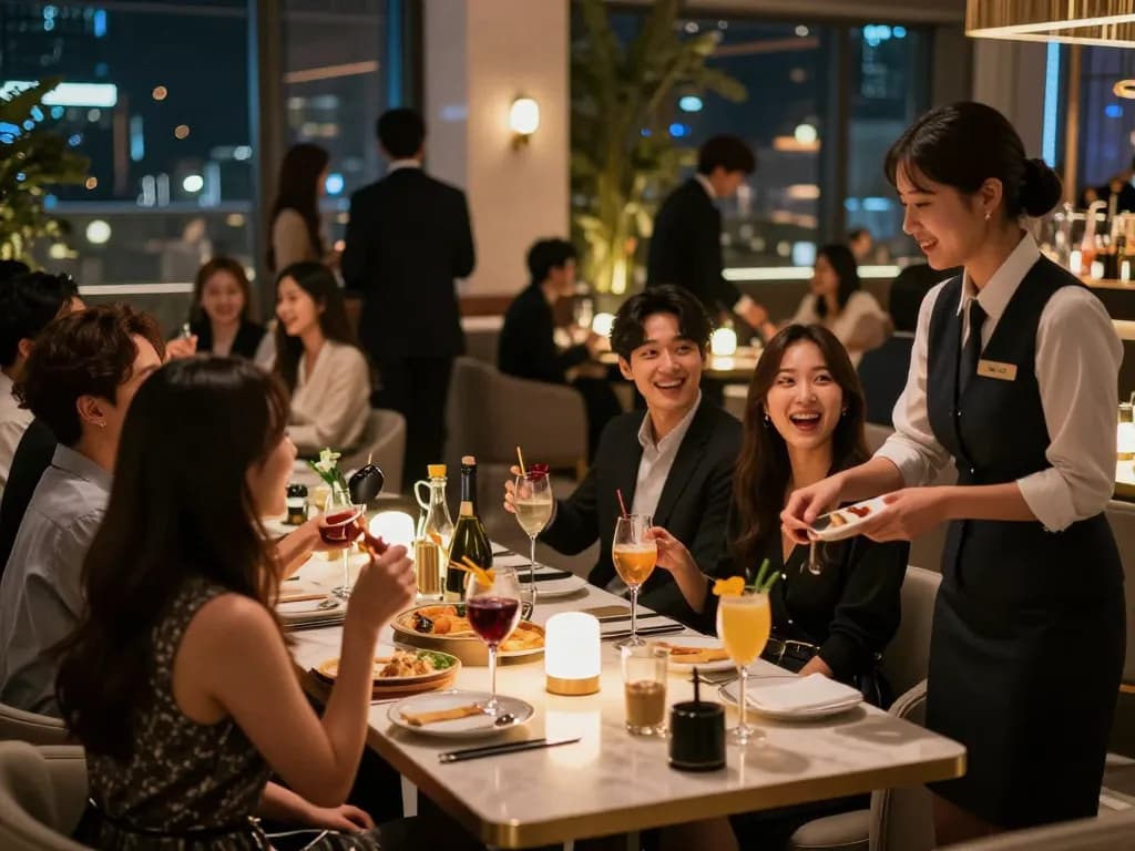 Enjoying an elegant night out at 강남쩜오 with friends in a luxurious entertainment venue, vibrant atmosphere, and stylish decor.