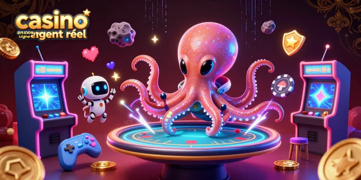 Le casino en ligne argent réel avec une scène animée d'un poulpe extraterrestre jouant au poker.