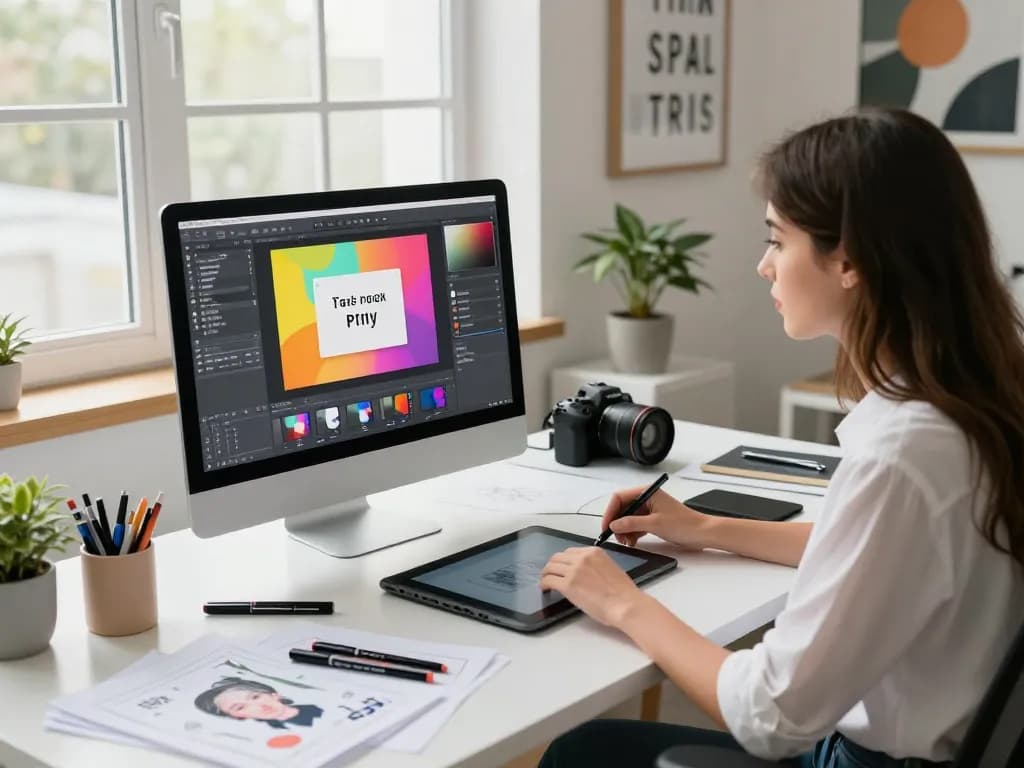 Designer converting image to prompt at vibrant digital workspace