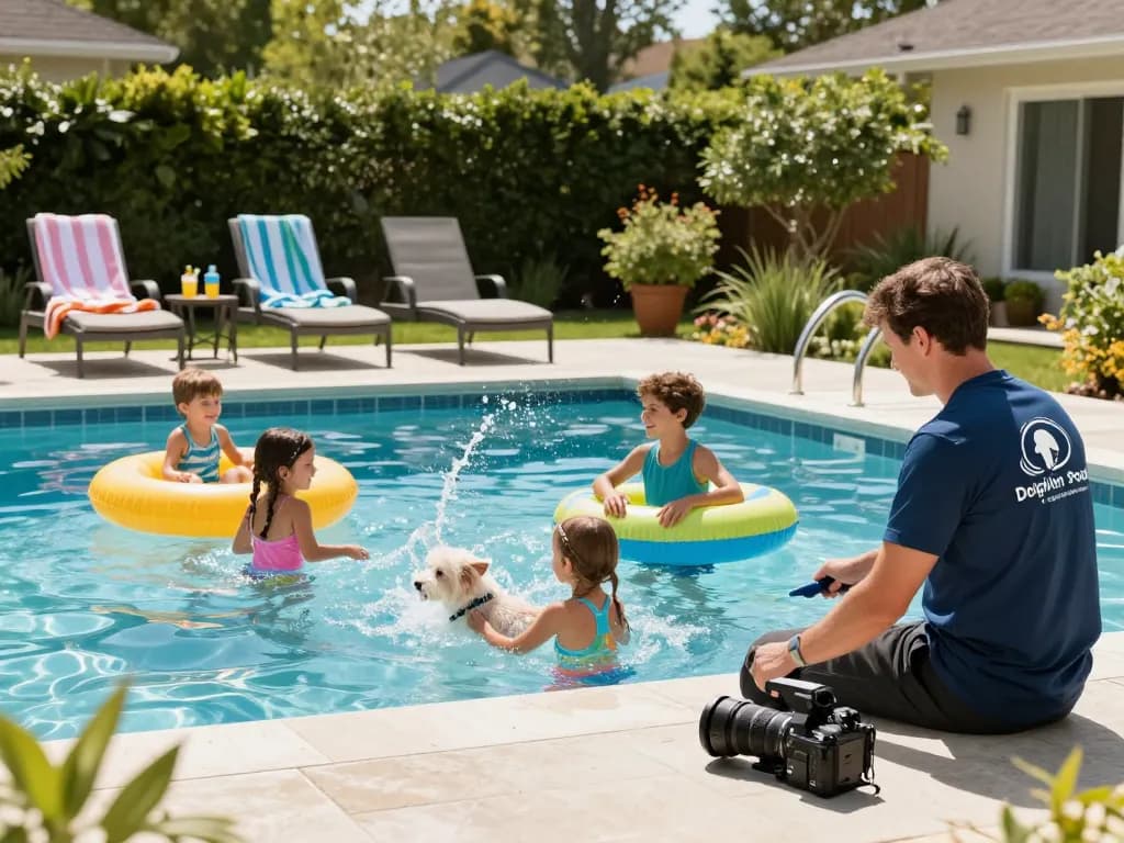 Dolphin Pool Services maintaining a vibrant family pool experience with joyful children, pets, and expert care.