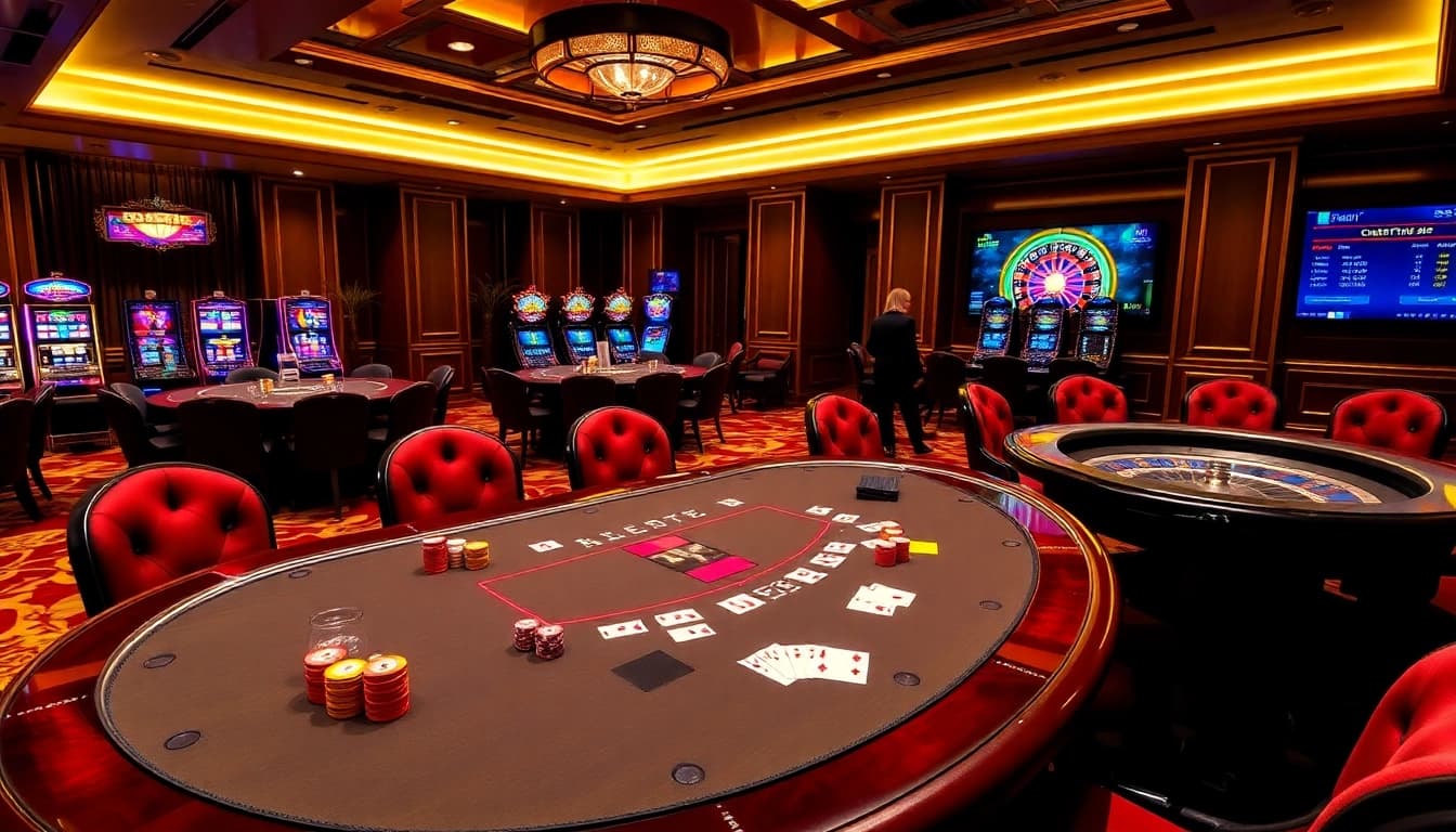 Players enjoying a game at bk8thai's luxurious casino with vibrant tables and lively atmosphere.
