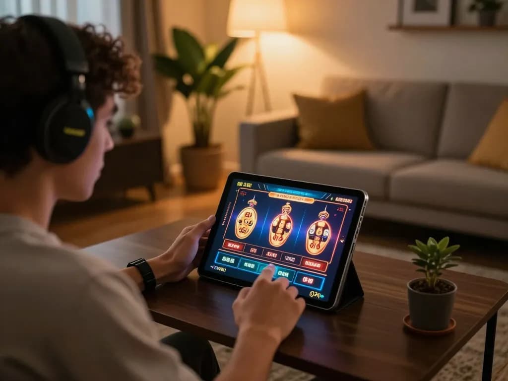 Engaging online gaming scene of tg88 trang chủ with a user enjoying casino games on a tablet in a cozy setting.
