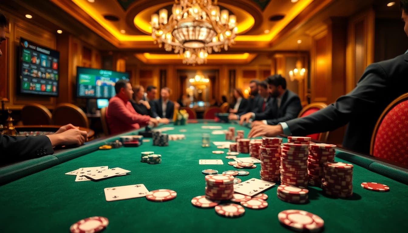 Players engaging in high-stakes action at a casino table with 상품권카드 options displayed on screen.