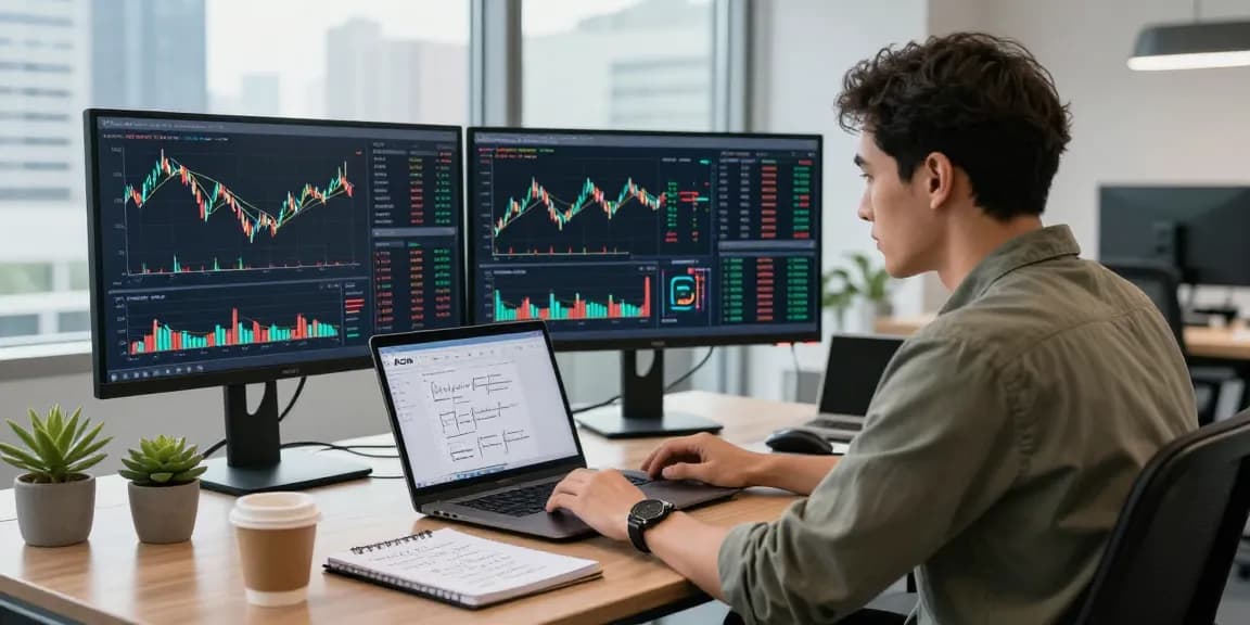 AiCoin 实时交易界面的专业交易员在现代办公室内分析市场数据。