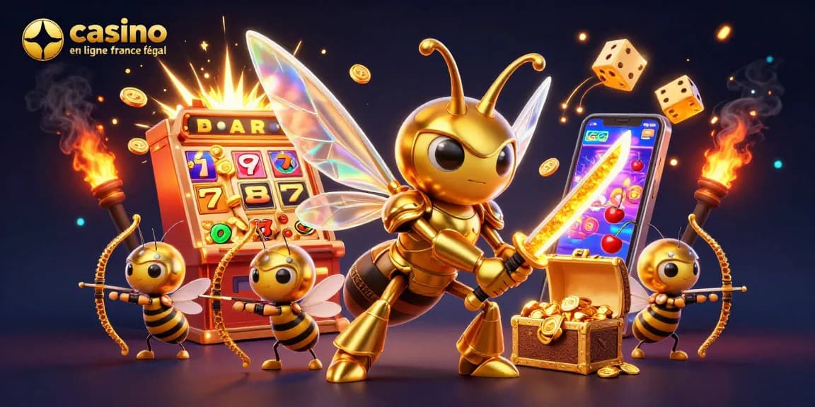 Visualisez le casino en ligne France légal avec une scène dynamique de personnages de casino et machines à sous éclatantes.