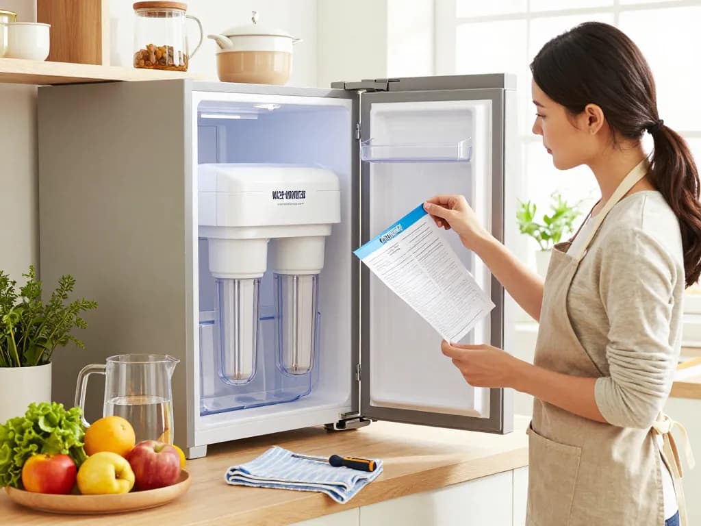 Installation of the Waterspecialist DA29-00003G Refrigerator Water Filter in a bright kitchen with fresh vegetables.