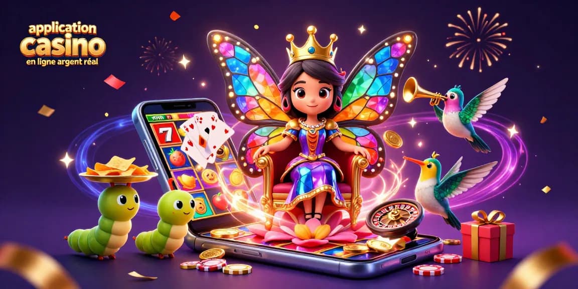 Application casino en ligne argent réel avec des personnages de casino colorés et des jeux d'argent