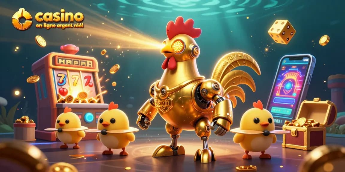 Vivez l'expérience du casino en ligne argent réel avec un robot en or et des drones jouant autour des machines à sous.