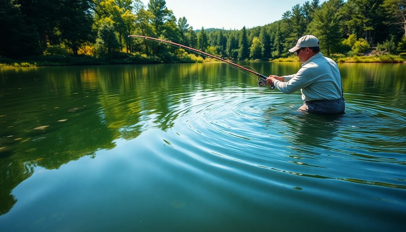 Casting for bass while fly fishing in a tranquil lake surrounded by lush greenery.