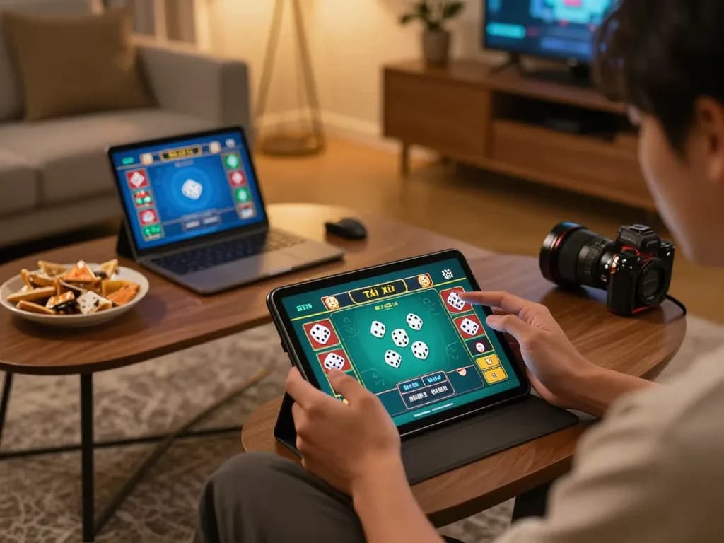 Tai xiu online gameplay on a tablet in a cozy living room, showcasing exciting dice action and user engagement.