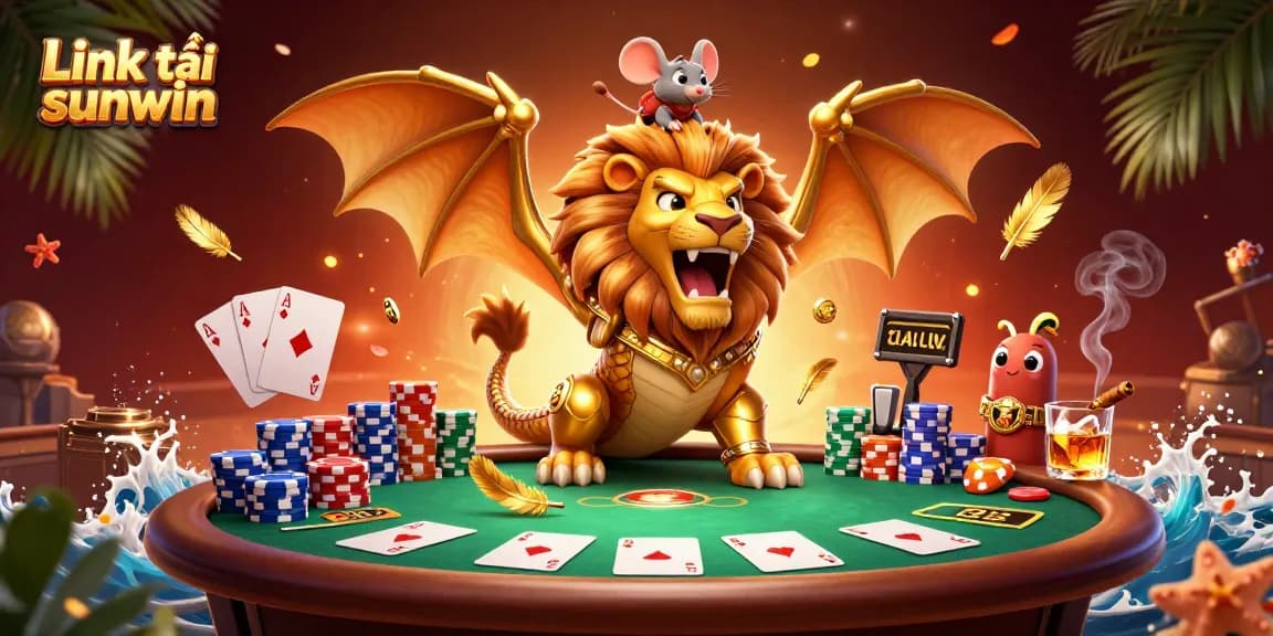 Engage with thrilling action in Link tải sunwin, showcasing a gleaming chimera and vibrant poker elements.