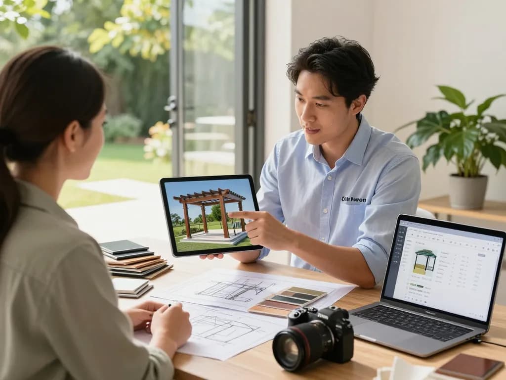 Sales representative demonstrating Pergola Sales Software on a tablet with a customer, showcasing 3D designs in a bright studio.