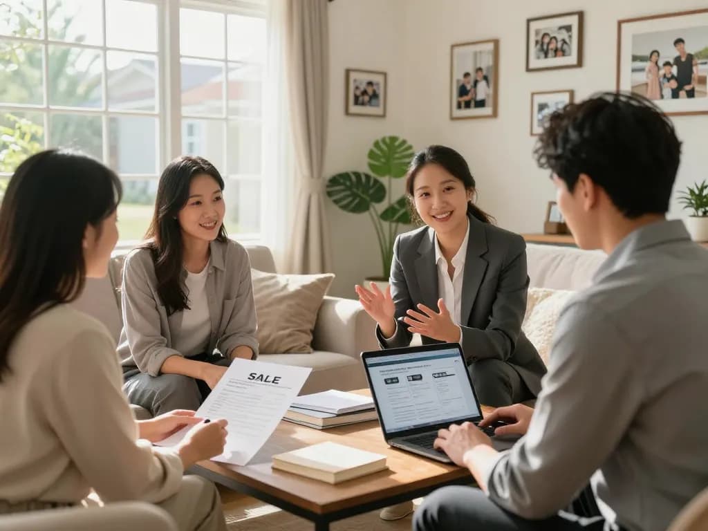 We buy houses in a friendly suburban setting, showing agents and homeowners discussing property details.