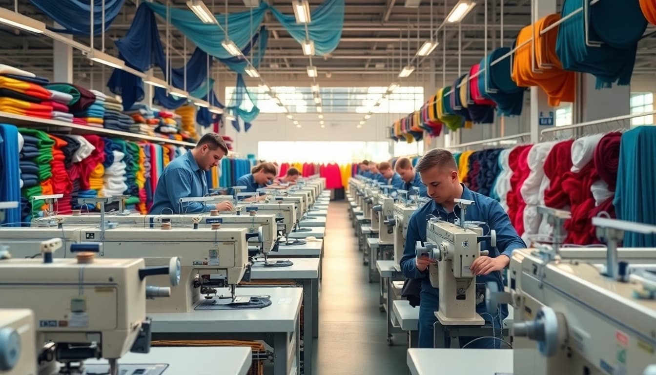 Dynamic scene of apparel manufacturers in China showcasing skilled craftsmanship and vibrant fabrics.