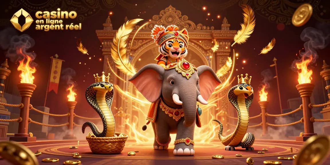 Jouez avec un tigre maharaja sur un éléphant dans un casino en ligne argent réel.
