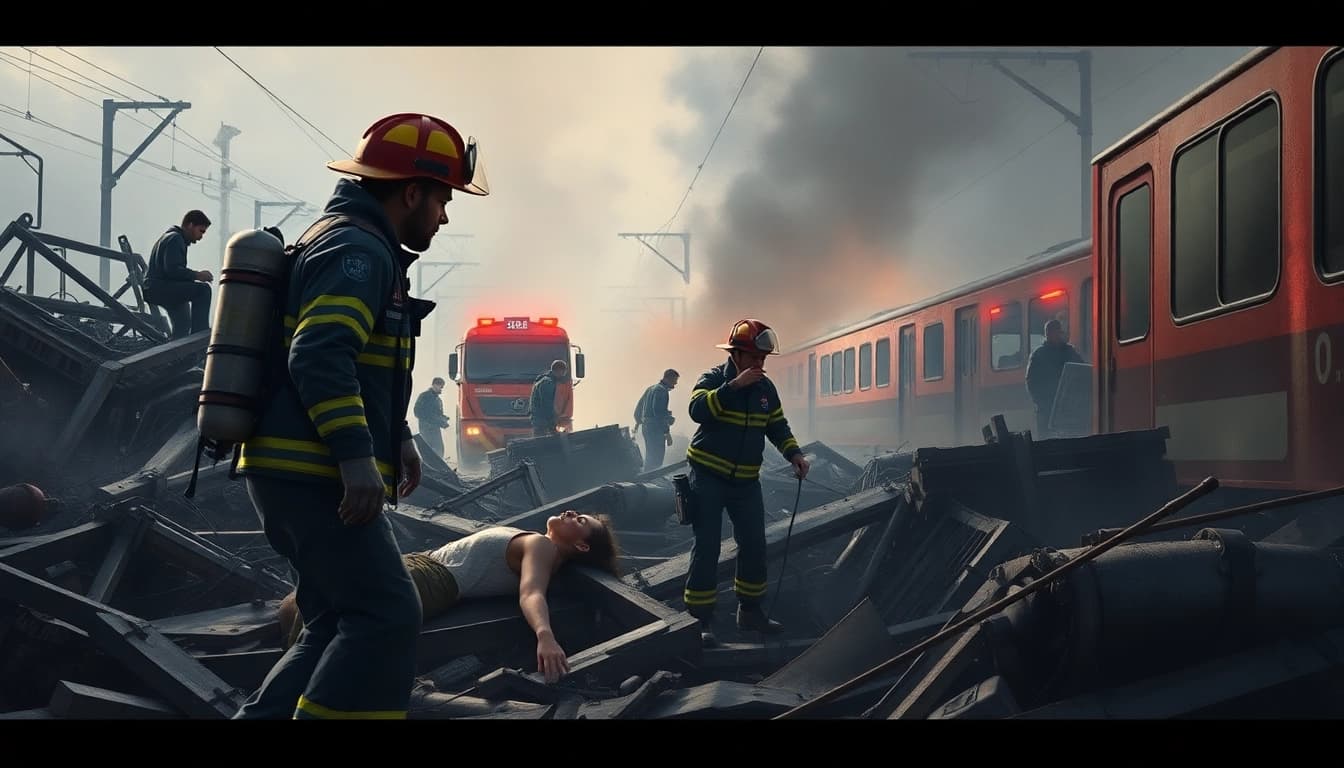 Emergency responders at the spain train crash site assisting victims amidst wreckage.