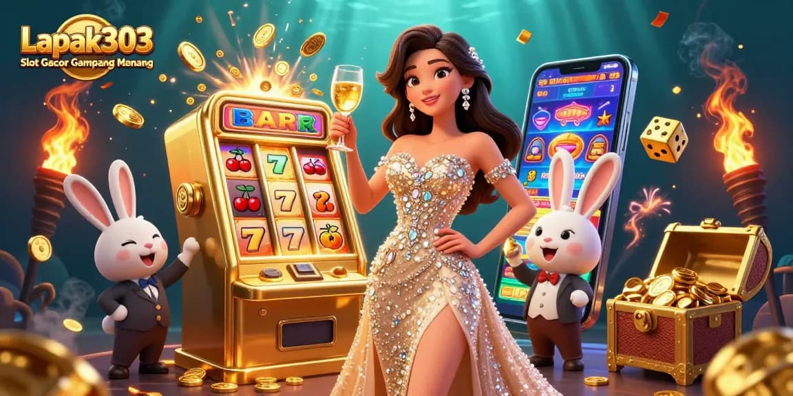 Win big with Lapak303 Slot Gacor Gampang Menang, featuring a glamorous woman, jackpot machine, and a lively atmosphere.