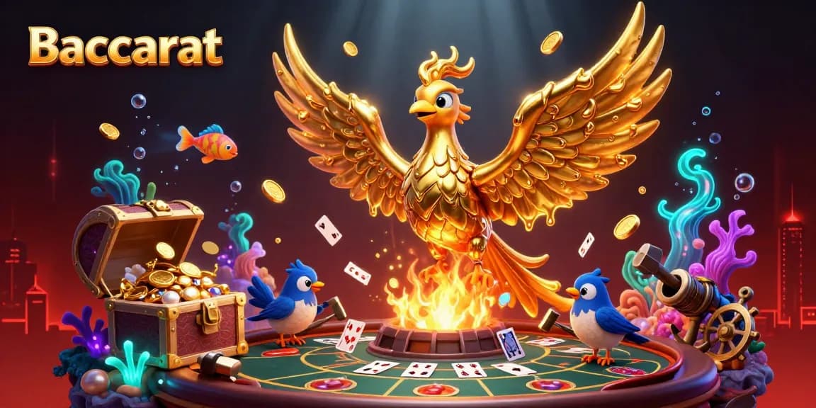 Baccarat illustration featuring a golden phoenix emerging from a forge, surrounded by floating cards and casino elements.