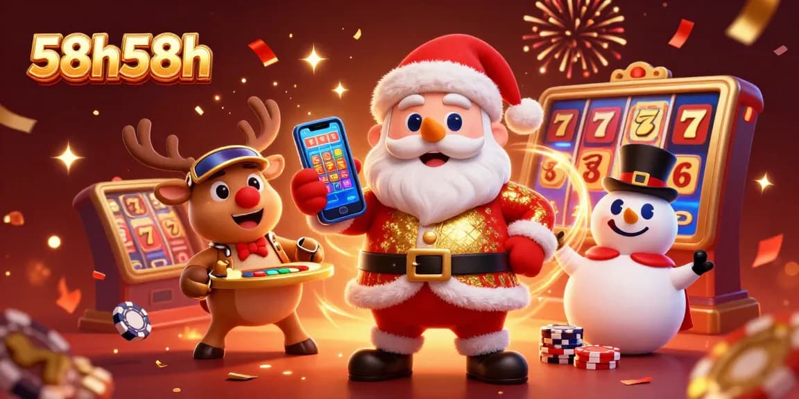 Papai Noel e seus amigos celebram em um cassino animado com jackpots e diversão.