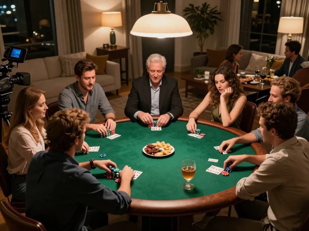 Players engaged in a poker game at home, showcasing giường bệnh nhân as they strategize their next move.