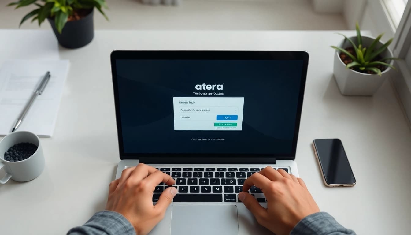 Atera login interface being accessed on a laptop with a clean workspace.