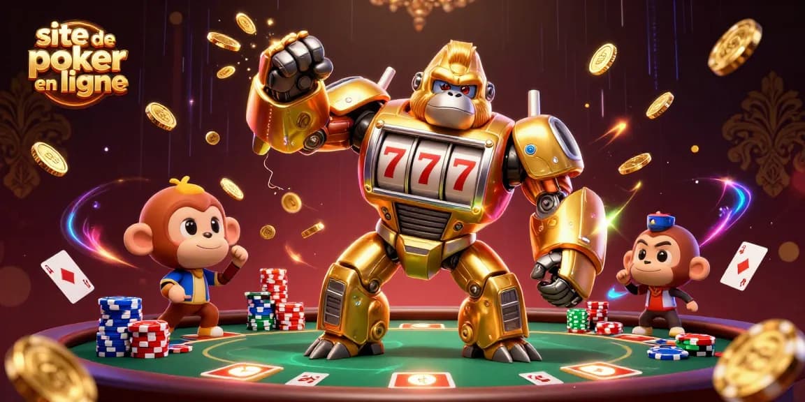 Jouez sur le site de poker en ligne avec une illustration animée d'une mech gorille doré et des éléments de jeu dynamiques.