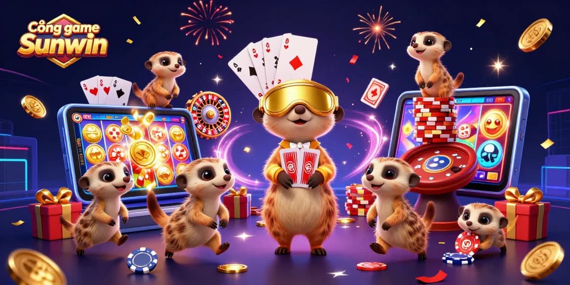 Cổng game Sunwin offers a dynamic casino scene with meerkats, showcasing slot games and vibrant action.