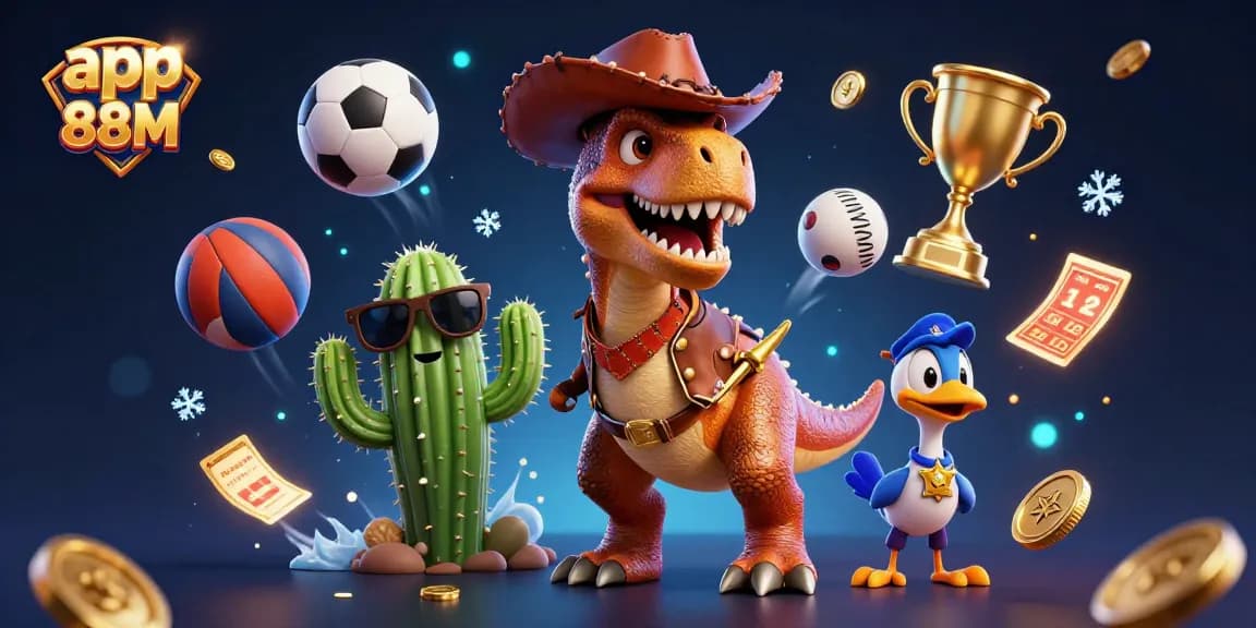 Engage with app 88M in a vibrant 3D illustration featuring a T-Rex cowboy and dynamic sports elements.