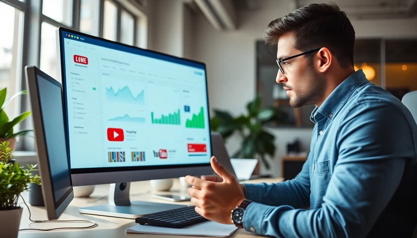 YouTube smm panel analysis in a modern office, showcasing digital marketing strategies.